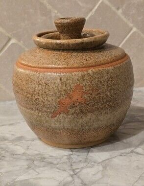 Vintage Stoneware Studio Art Pottery Canister w/ Lid Earthtone Speckled Glaze